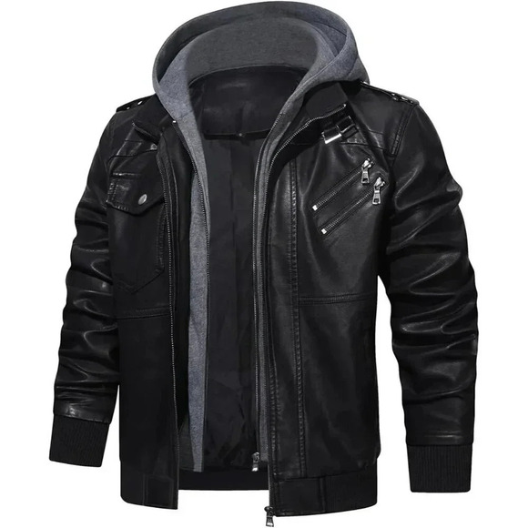 Men’s Stand Collar PU Faux Leather  Zipper Motorcycle Bomber Jacket - Picture 5 of 7